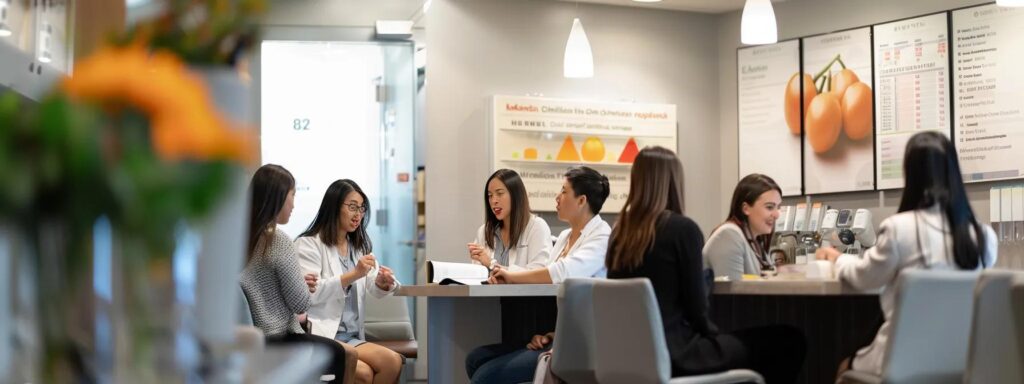 a modern, well-lit weight loss clinic interior showcases a diverse group of engaged clients discussing personalized treatment plans with professional dietitians, surrounded by informative charts and health resources emphasizing evidence-based practices.